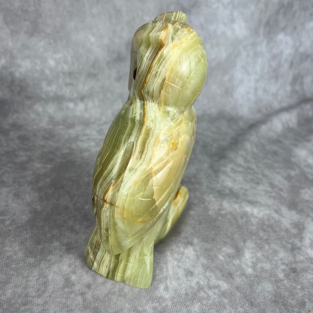 Vtg Owl Decor Green Onyx Carved Figurine Sculpture Red Ruby Eyes Art Paperweight - Picture 5 of 8